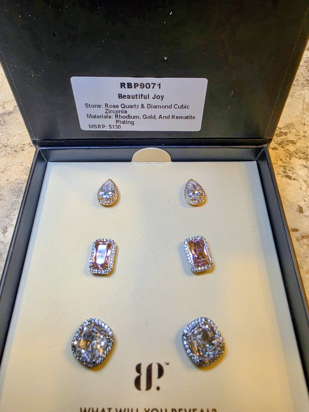 BP Rose Quartz & Cubic Zirconia Earring Set - Gold & Silver